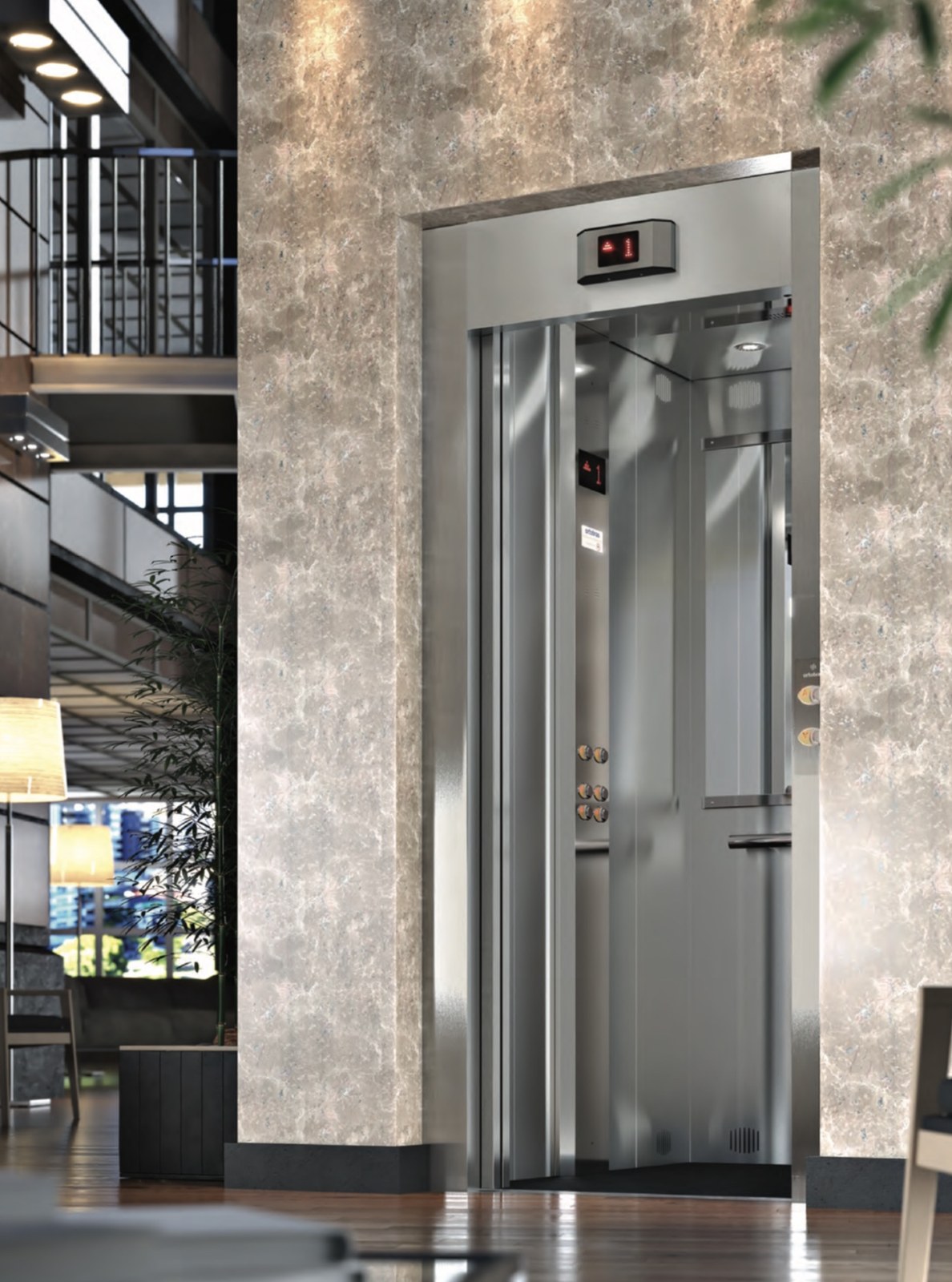 Elevador convencional sem casa de máquinas em ambiente arquitetônico